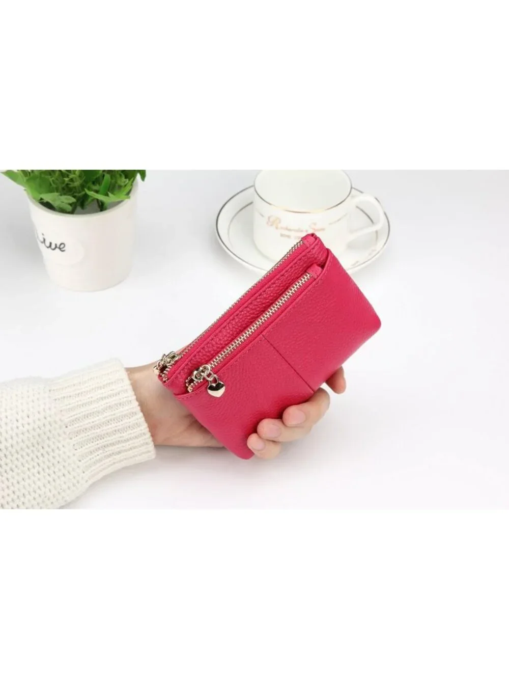Genuine Leather Mini Coin Purse with Key Ring & Triple Zipper Card Holder Wallet